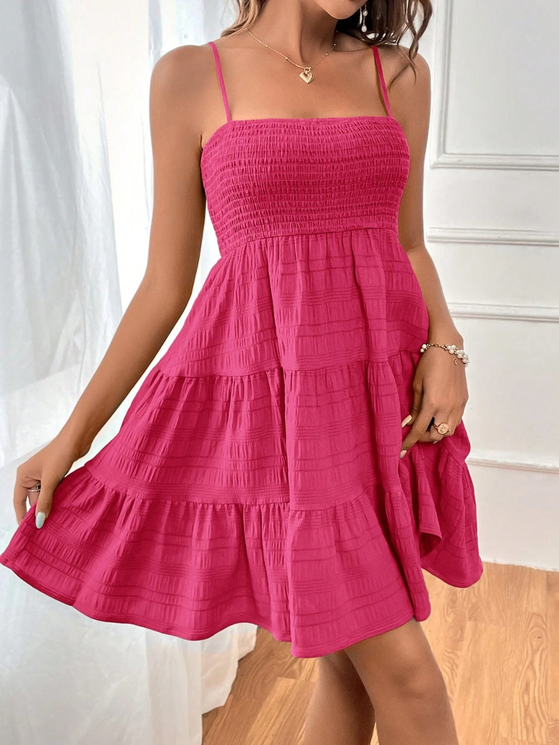 Smocked Tiered Sleeveless Mini Dress Trendsi