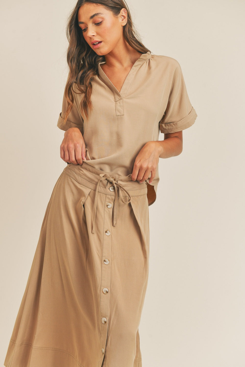 MABLE Short Sleeve Top and Button Down Midi Skirt Set Trendsi