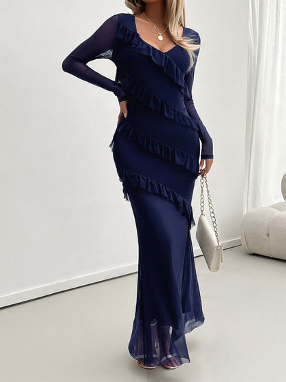 Devine Ruffled Surplice Long Sleeve Maxi Dress Trendsi