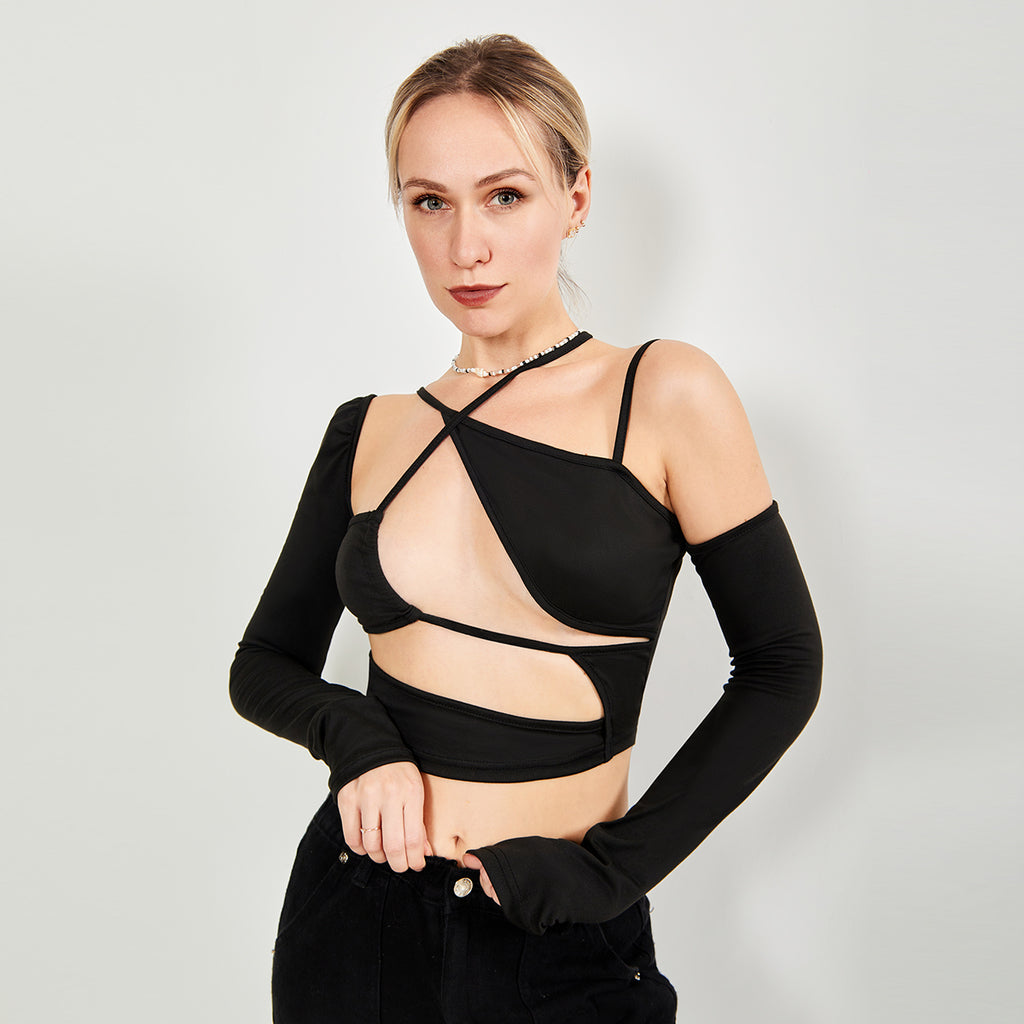 Long Sleeve Top Cut Out Asymmetrical Neck aclosy