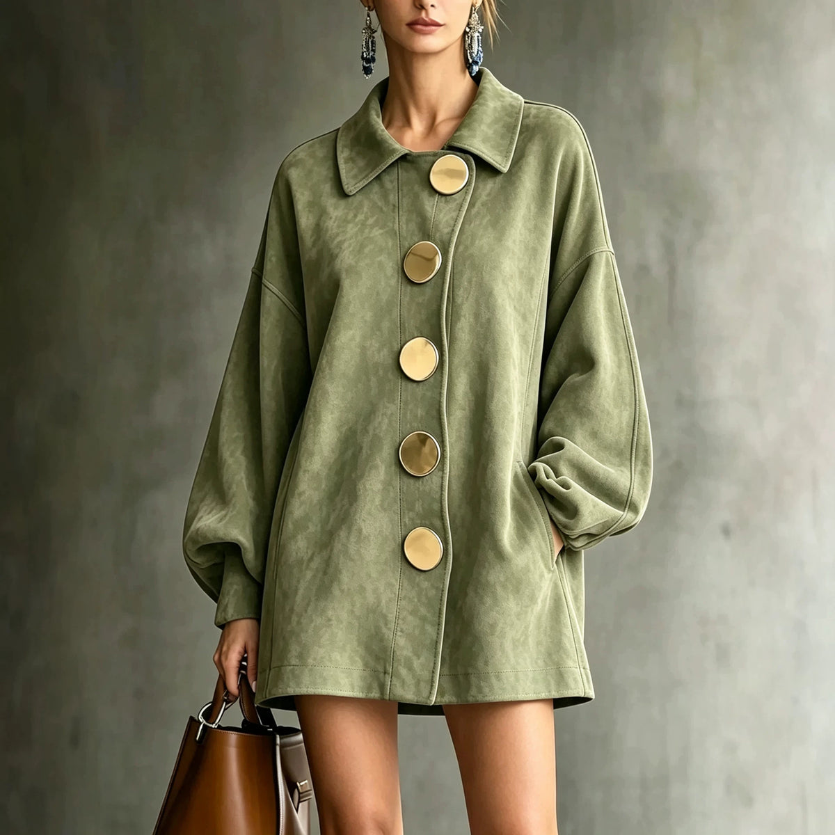 margot oversized faux suede jacket dress in sage green - front view