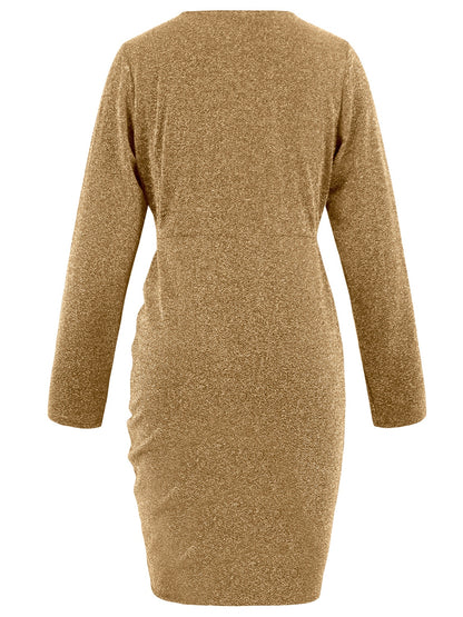 Ruched Heathered Surplice Long Sleeve Mini Dress Trendsi