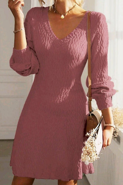 Texture V-Neck Long Sleeve Dress Trendsi