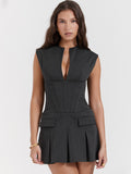 Pleated Skirt Fishbone Slim Sleeveless Dress aclosy