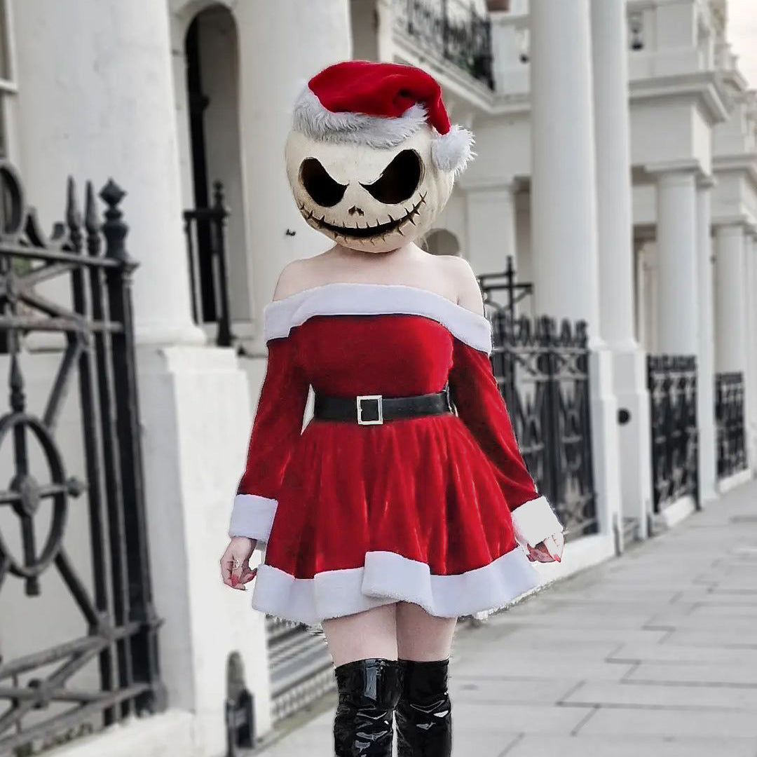 Women's Christmas Costume Santa Dress Plush Trim Boat-Neck Off-Shoulder Sleeve Dress New Year Party Cosplay Costume Aclosy