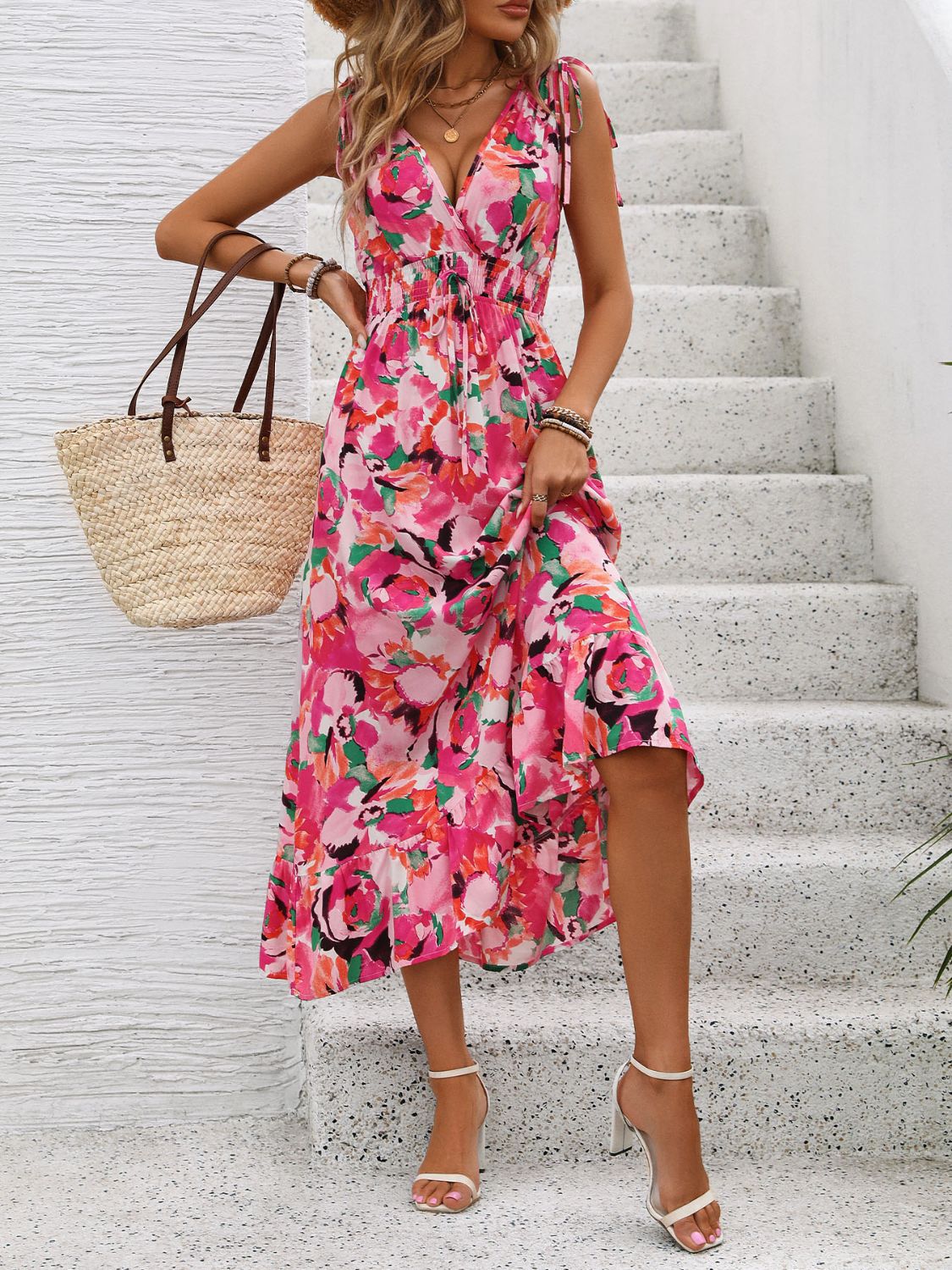 Ruffled Smocked Printed Sleeveless Dress Trendsi