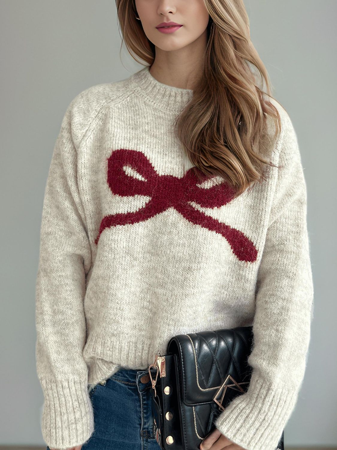 Bow Round Neck Long Sleeve Sweater Trendsi