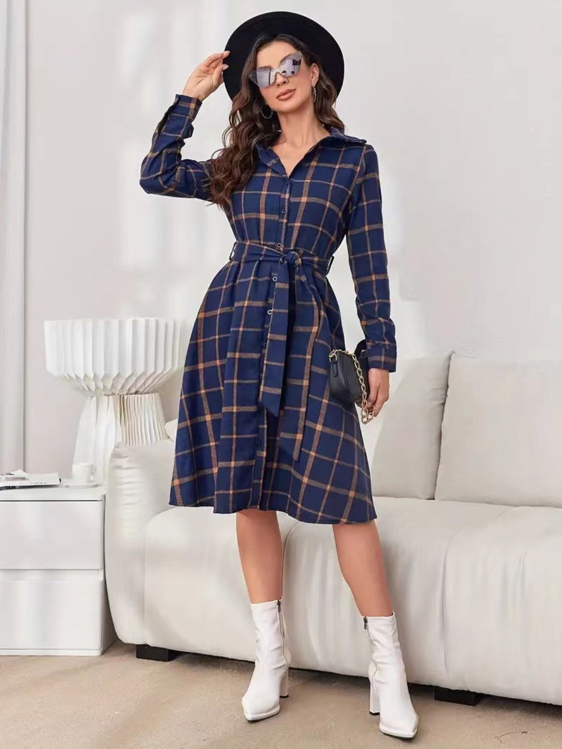 Plaid Tie Waist Long Sleeve Dress Trendsi