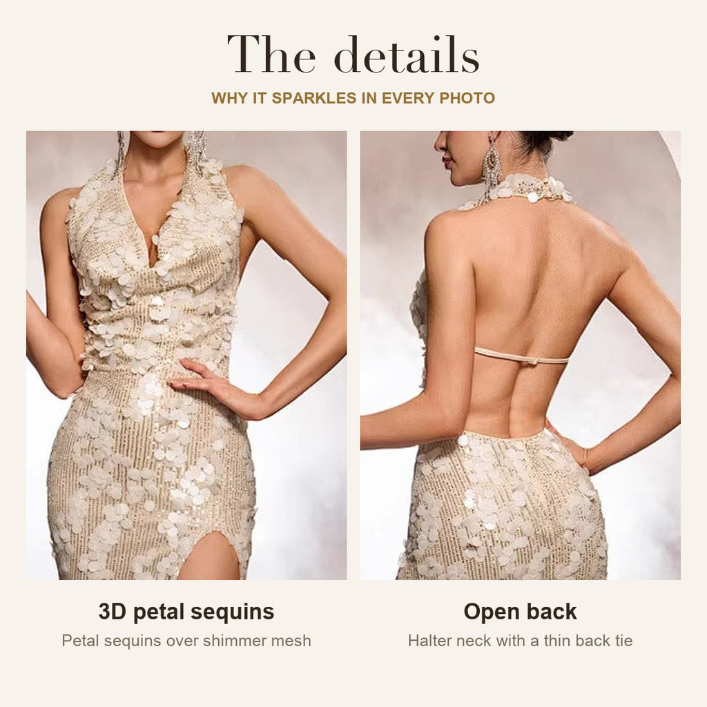 Electra gown details: 3D petal sequins and open back
