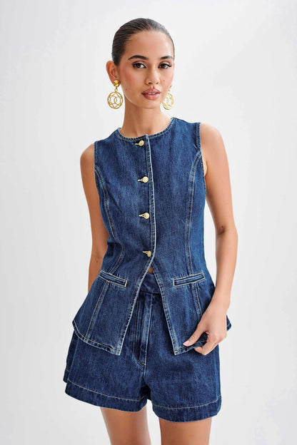 Denim Sleeveless Button Up Top Suit-Blue