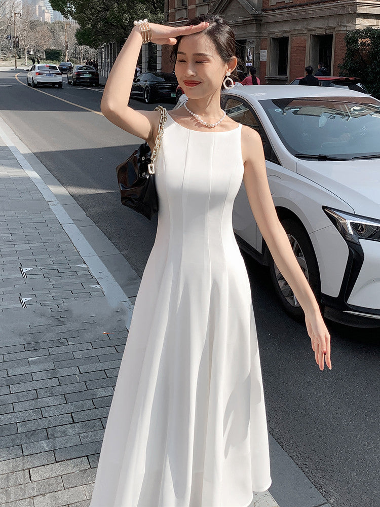 White Strap Dress With Waistband Closure Aclosy