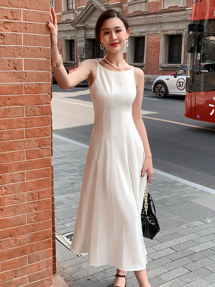 White Strap Dress With Waistband Closure Aclosy