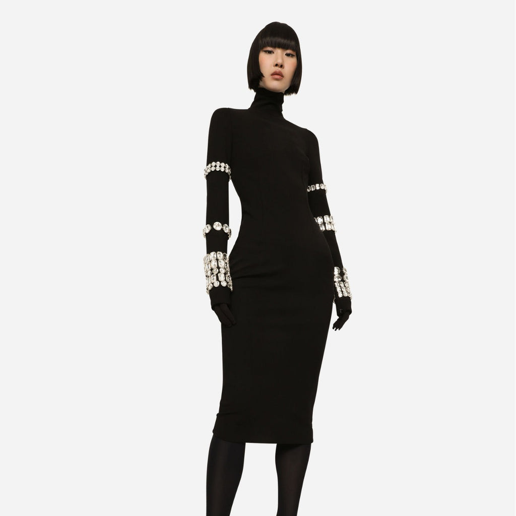 Black Mid-length High Neck Bandage Dress Dress aclosy