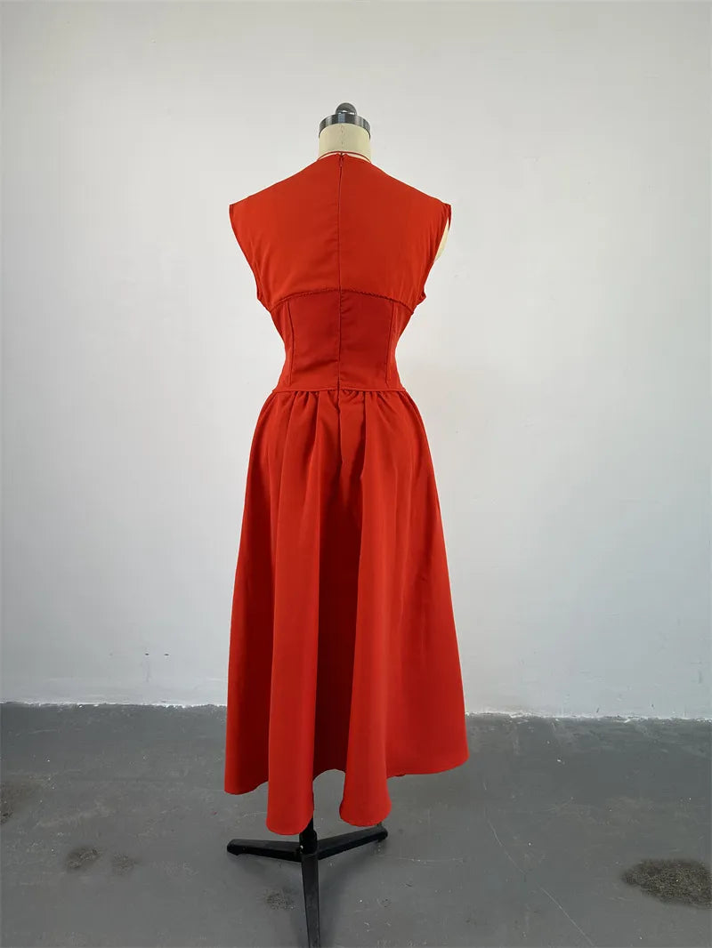 Halter Neck Cinched High Waist Fishbone A-line Skirt