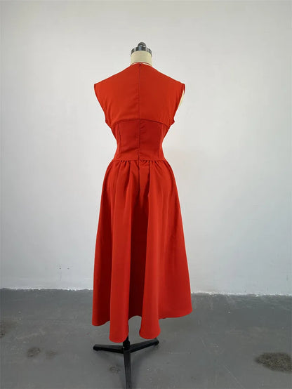 Halter Neck Cinched High Waist Fishbone A-line Skirt