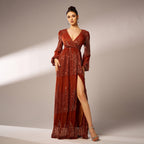 Rust long-sleeve sequin wrap maxi dress front with side slit