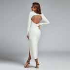 Women's Hollow-out Long-sleeved Pendant Bandage One-piece Dress aclosy