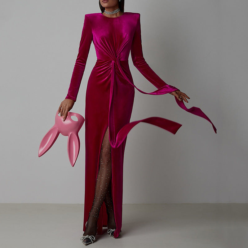 Women's Fashion Round Neck Pleated Zou Velvet Dress Tight Split Dress Aclosy