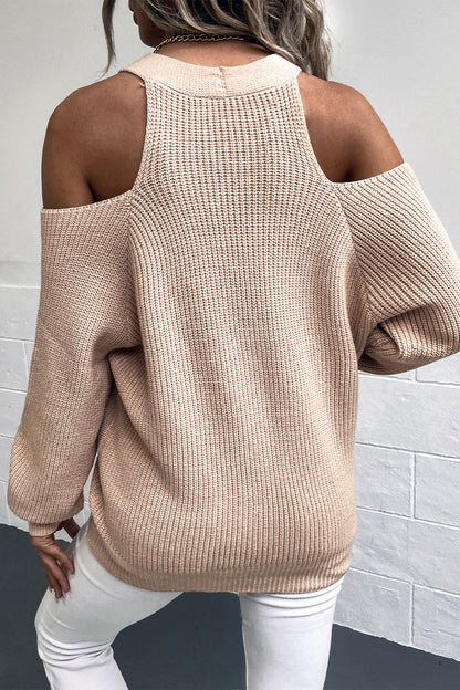 Cold Shoulder Plunge Neck Ribbed Cardigan Trendsi