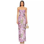 Female Purple Embroidered Sequins Bandeau Slim-fit Dress aclosy