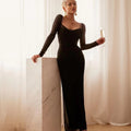 Women's Black With Fishbone Braces Long Sleeve Tight Dress Aclosy