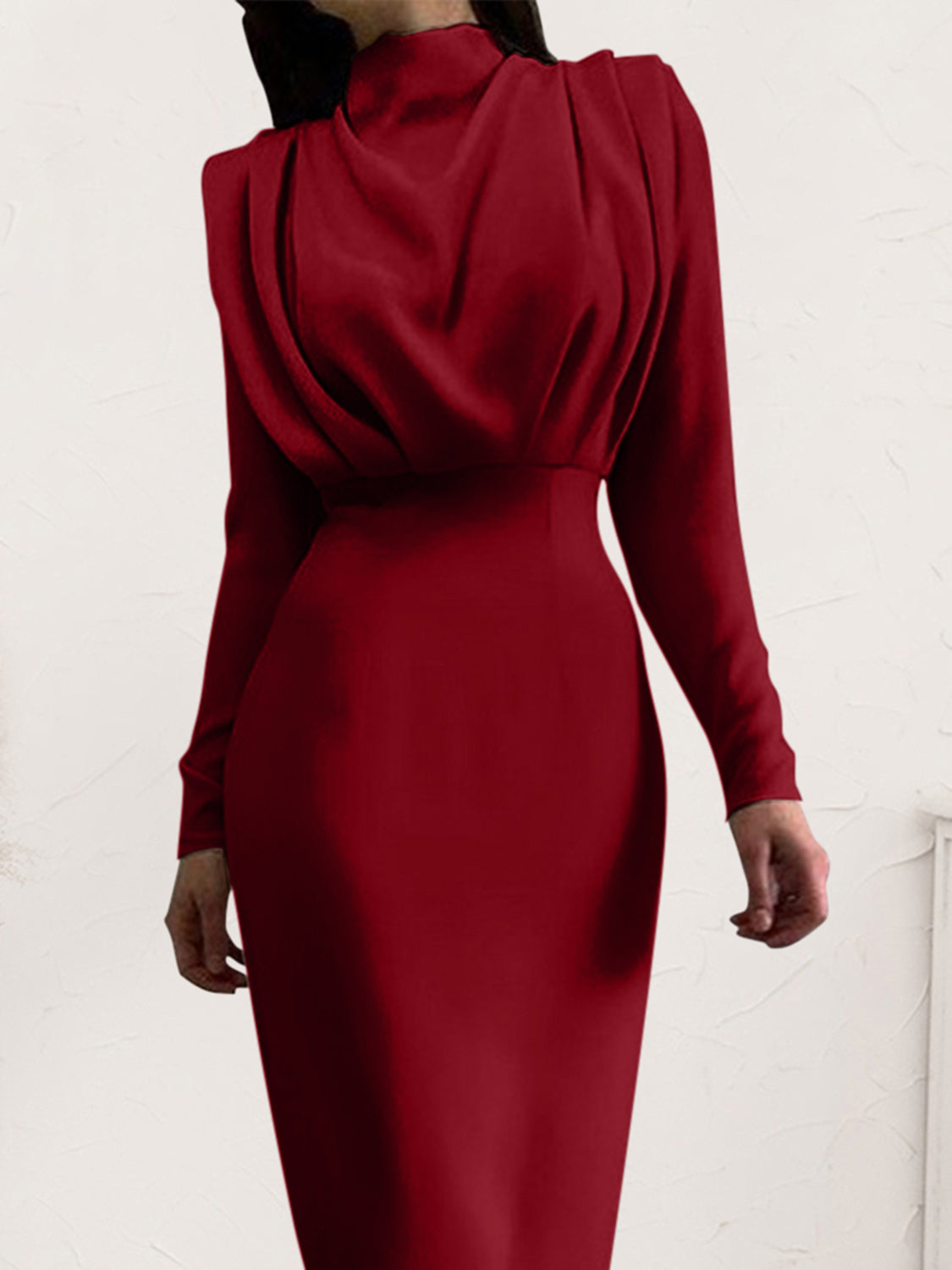 Ruched Turtleneck Long Sleeve Dress Trendsi