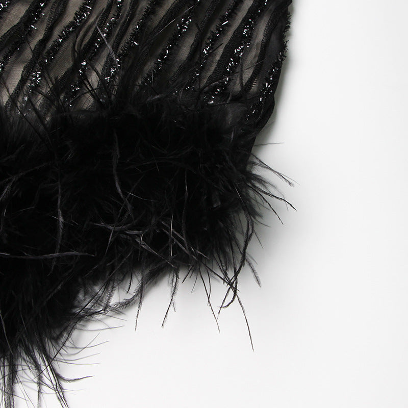 Irregular Skirt Ostrich Hair Patchwork Suit Aclosy