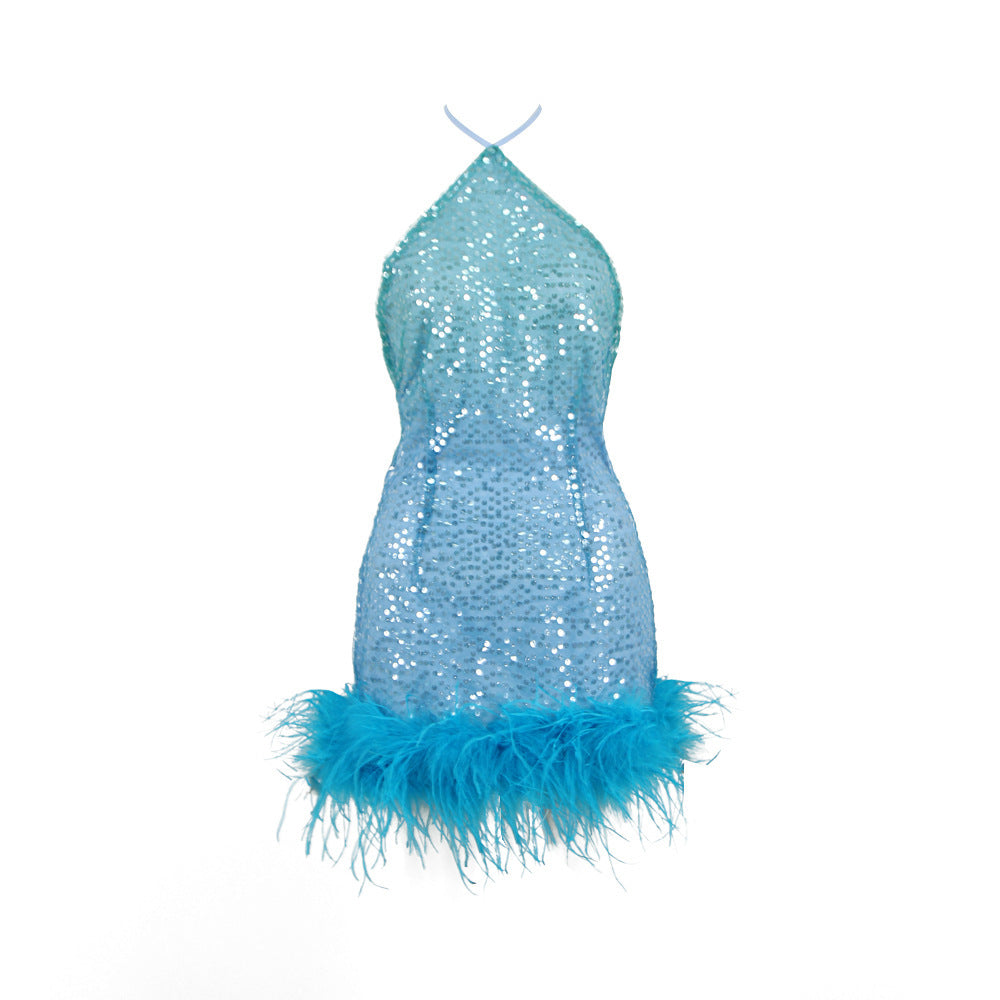 Women's Fashion French Sequined Suspender Feather Dress Aclosy