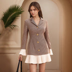 Waist-cinching Plaid Color-block Pleated Waist Design Elegant Dress aclosy