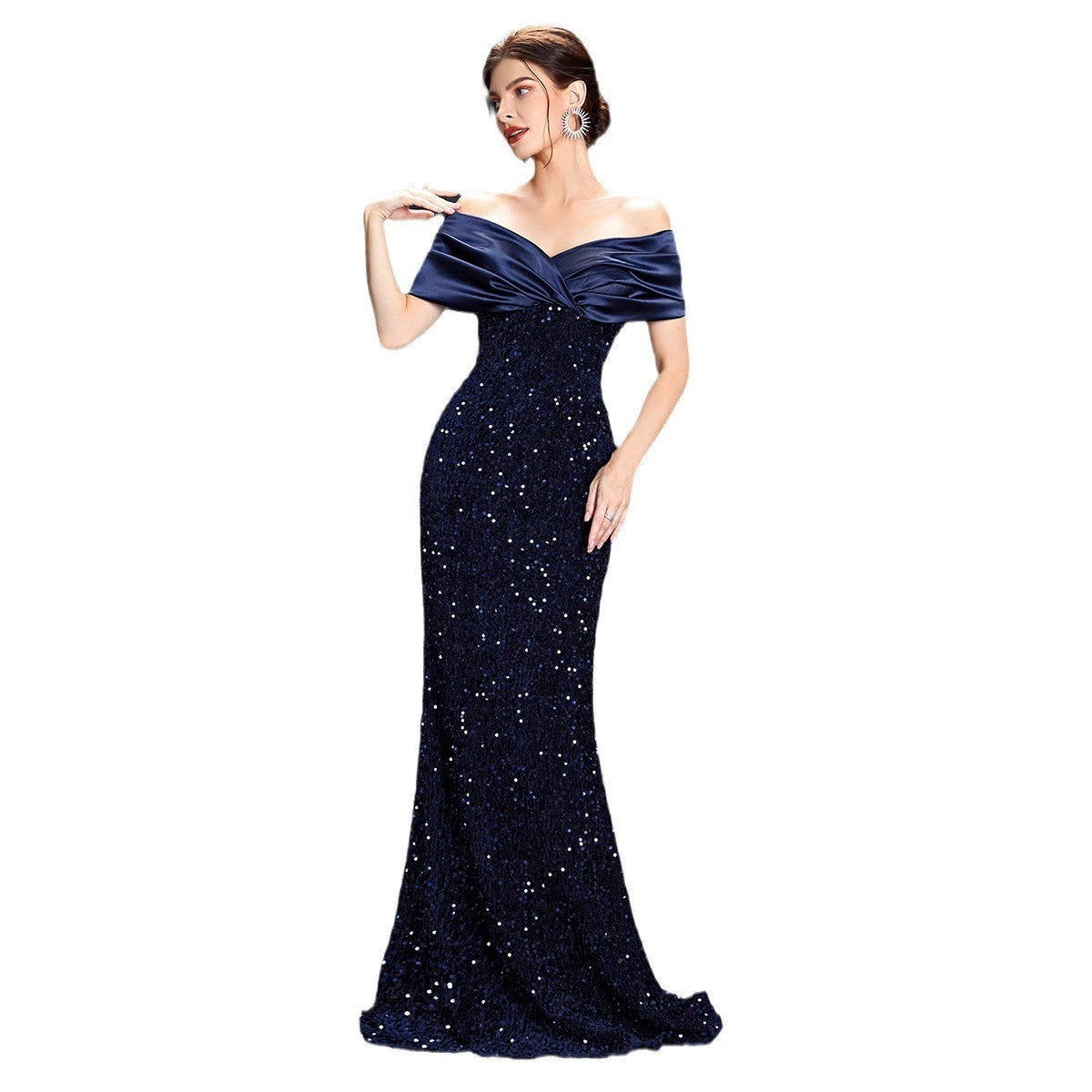 New Off-shoulder Evening Dress New Slim Fishtail Sexy Temperament Christmas Party Dress aclosy