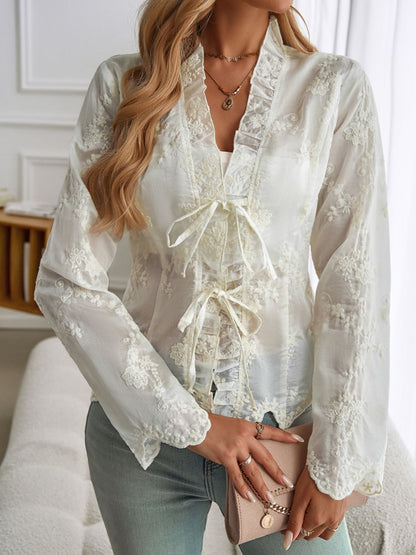 Devine Tied Frill V-Neck Long Sleeve Lace Top Trendsi