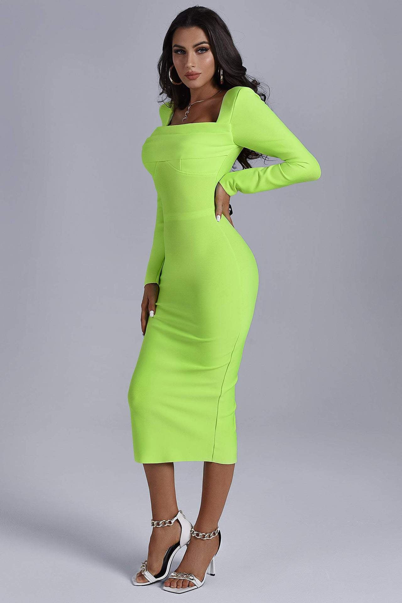 Long Sleeve Square-neck Elegant Slim-fit Dress aclosy