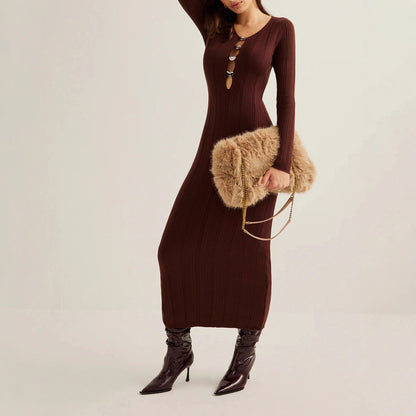 Retro Solid Color V-neck Slim-fit Long Sleeve Hip Knitwear Dress aclosy