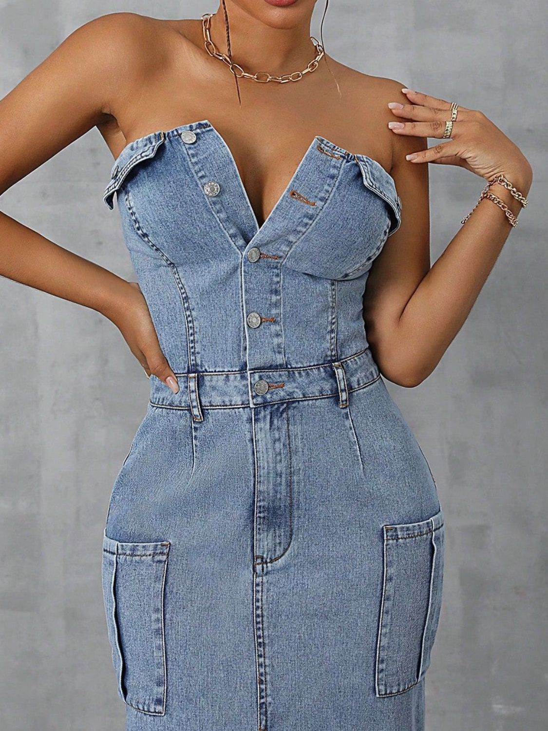 Slit Half Button Tube Denim Dress Trendsi