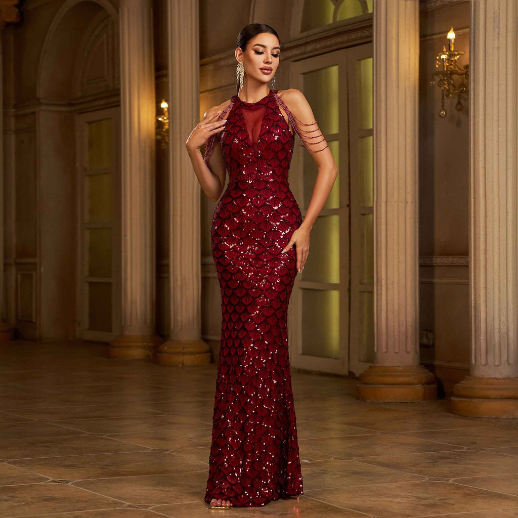 Elegant Sleeveless Round Neck Sequins Slim Sheath Banquet Fishtail Dress null