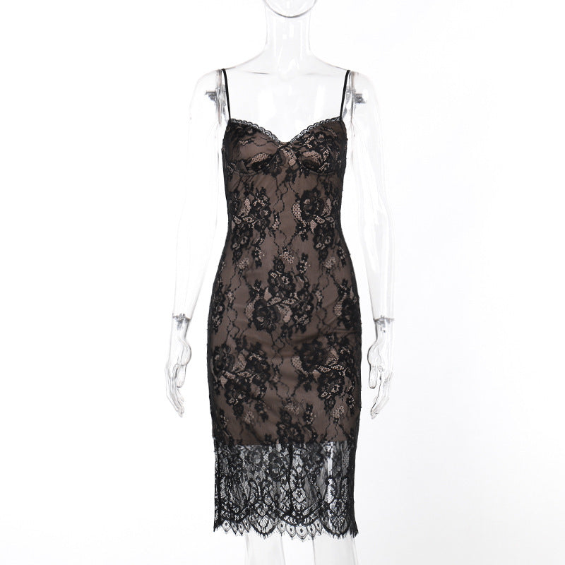 Waist-tight Sheath Dress Eyelash Lace Sling Dress aclosy