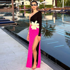 Long Sleeve Rose Red Color Matching Beaded Flower One-shoulder Dress Aclosy