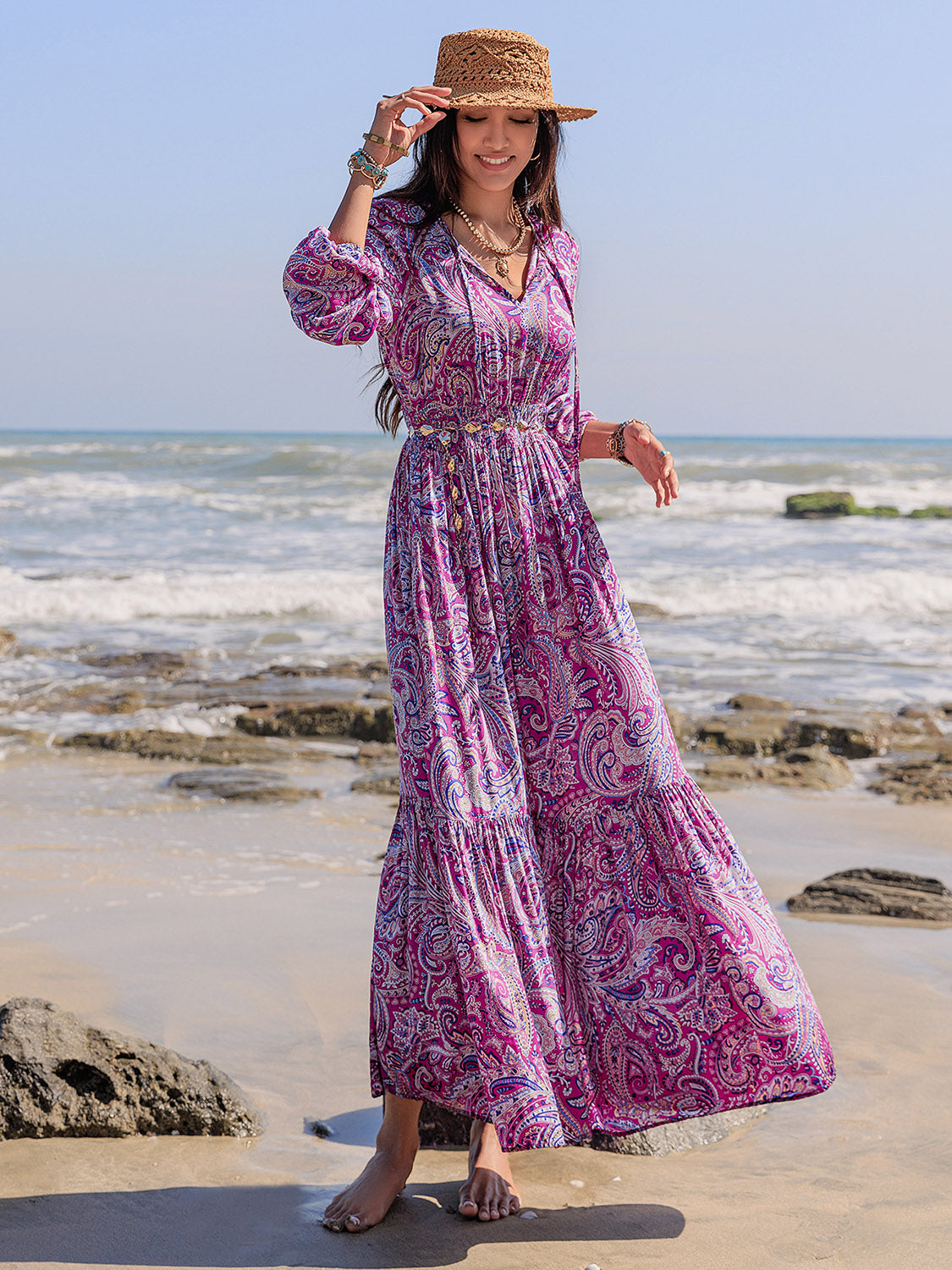 Printed Tie Neck Balloon Sleeve Maxi Dress Trendsi