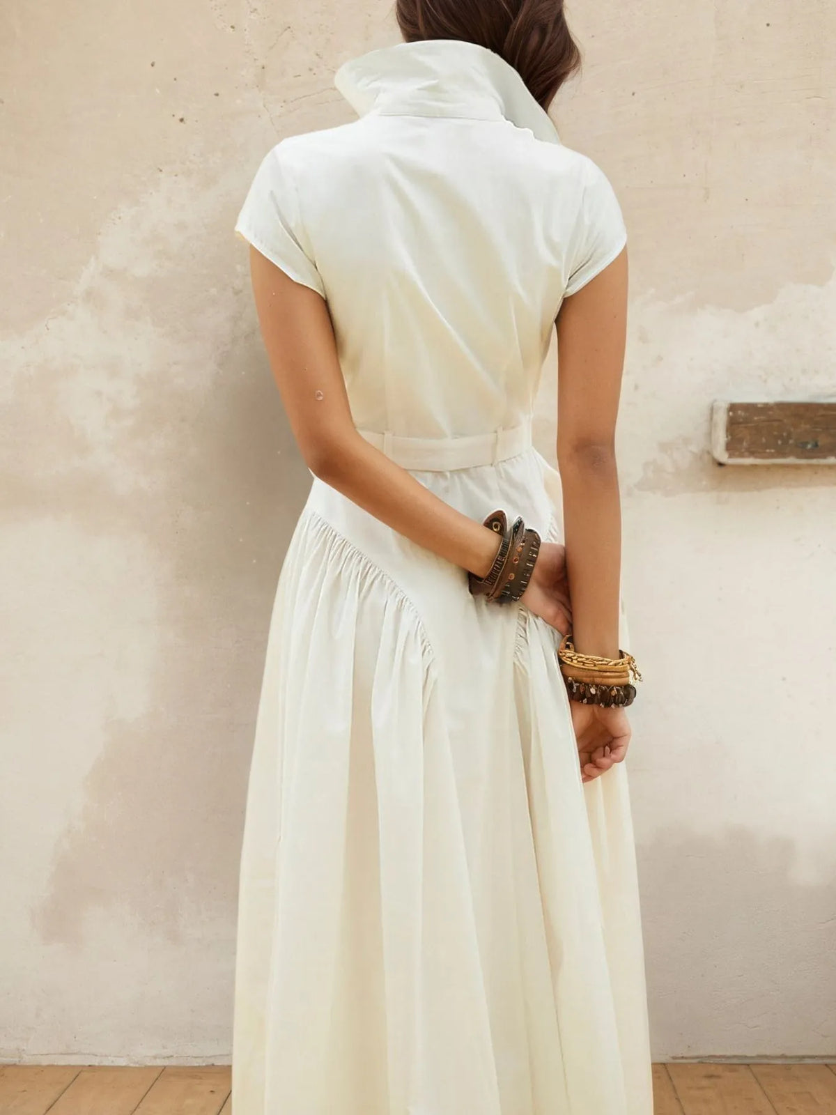 Button-Front Cap Sleeve Midi Shirt Dress