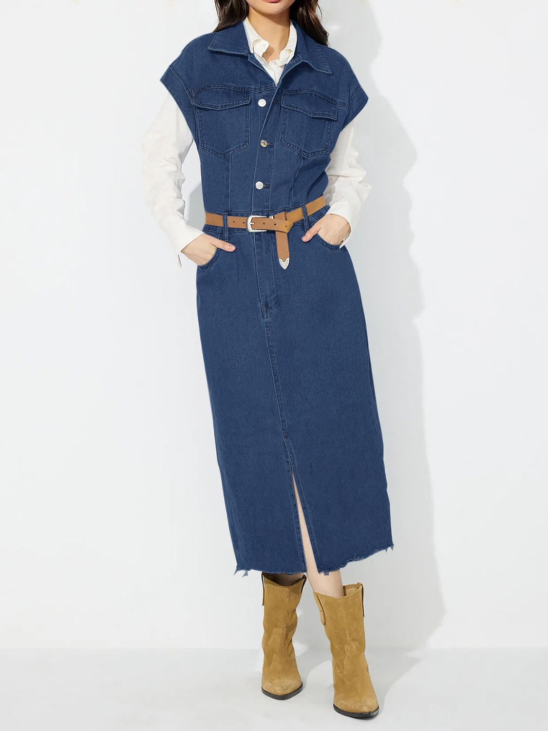 Slit Half Button Collared Neck Cap Sleeve Denim Dress Trendsi