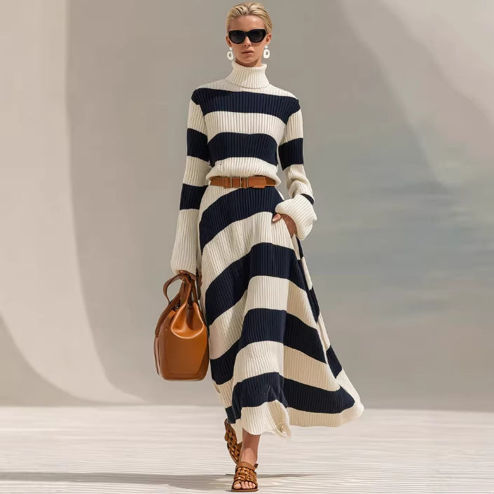 Akela Striped Long-Sleeve Knit Maxi Dress