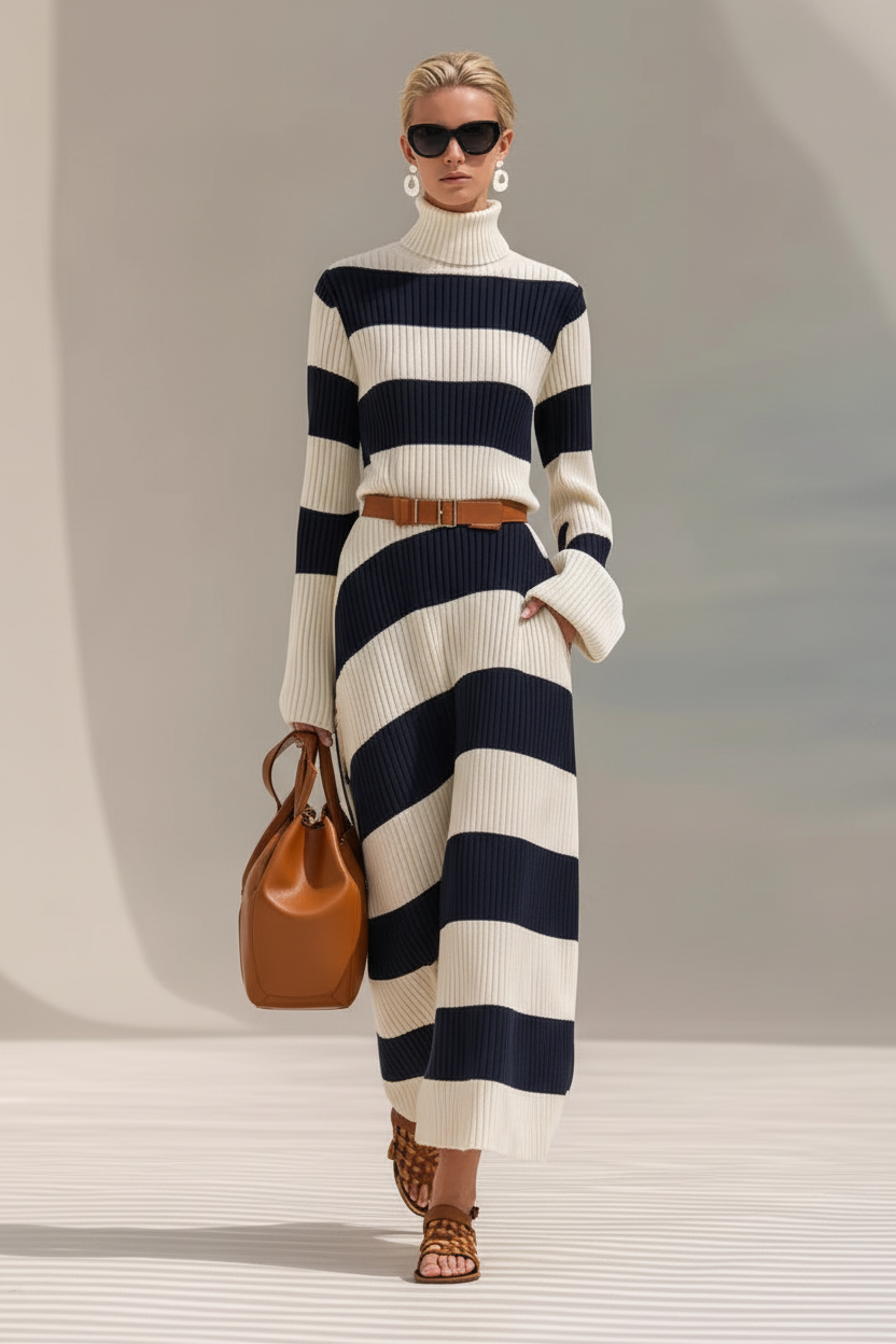 Akela Striped Long-Sleeve Knit Maxi Dress