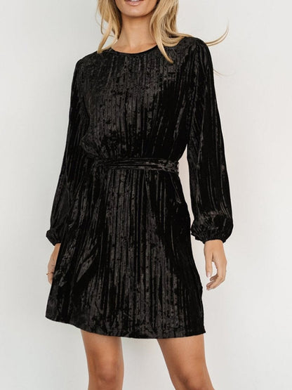 Velvet Round Neck Tie Waist Long Sleeve Mini Dress Trendsi