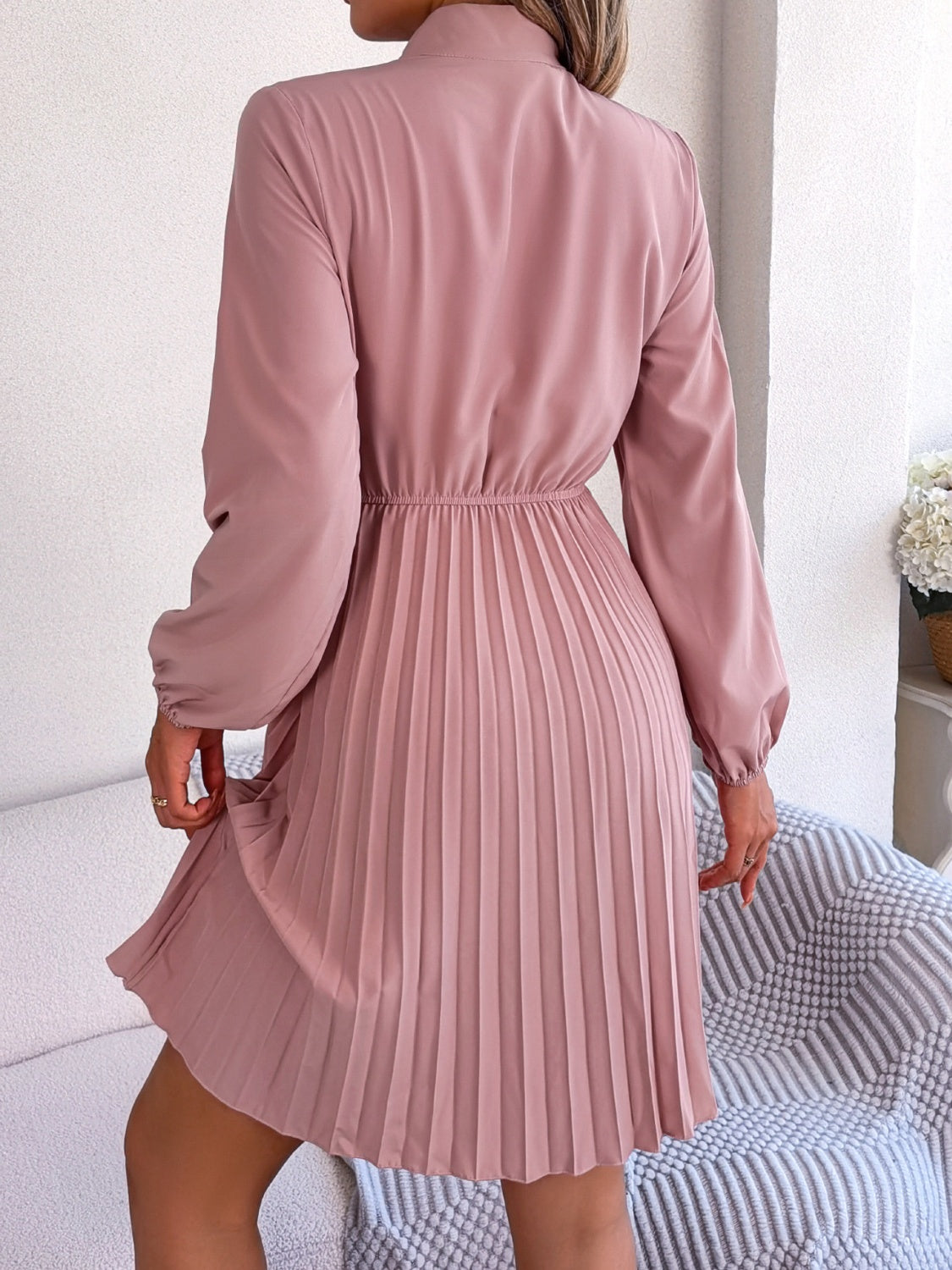 Tie Neck Balloon Sleeve Pleated Dress Trendsi