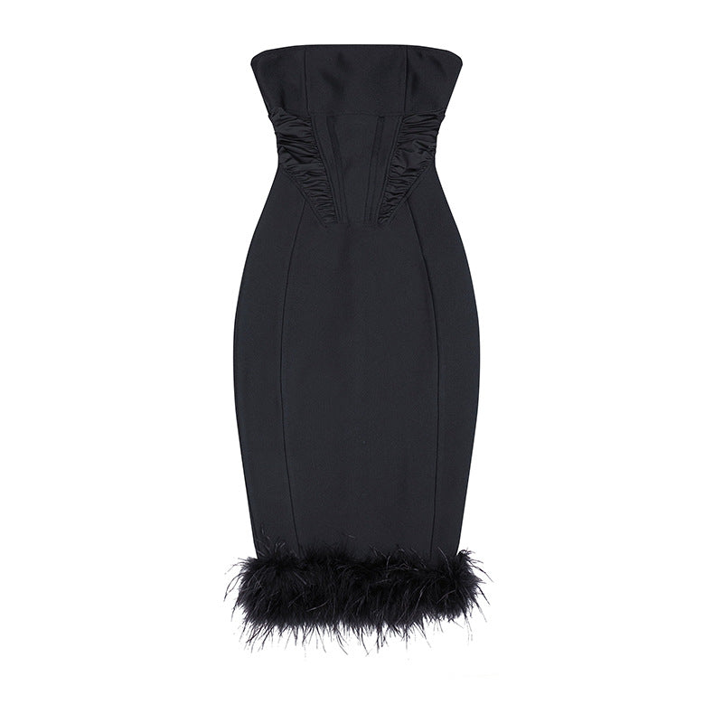 Women's Tube Top Net Skirt Hemline Feather Sheath Dress Aclosy