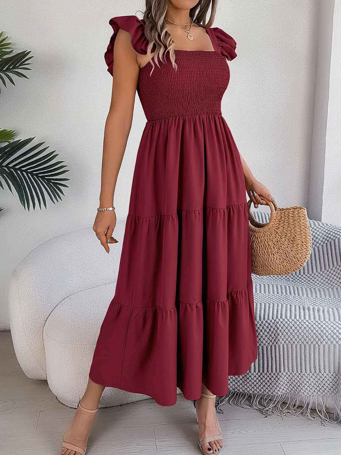 Smocked Square Neck Cap Sleeve Midi Dress Trendsi