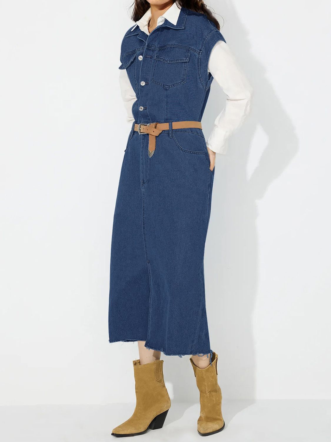 Slit Half Button Collared Neck Cap Sleeve Denim Dress Trendsi