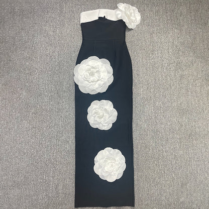 Tube Top Black And White Stitching Large Flower Dress aclosy