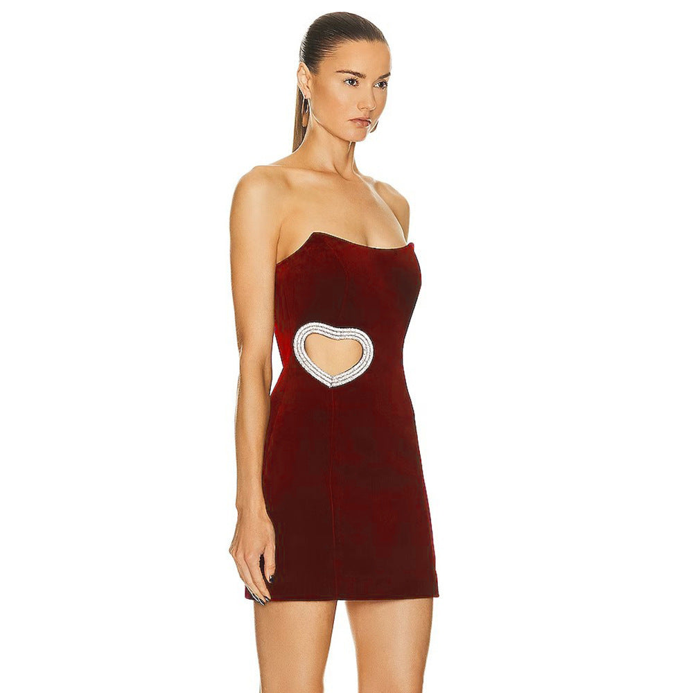 Women's Wine Red Hollowed Heart Shape Diamond Tube Top Dress Aclosy