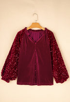 Sequin Notched Long Sleeve Blouse Trendsi